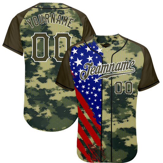 Custom Camo Olive Red Blue Black-White American Flag Side Stripe Patriotic Digital Woodland Camouflage Raglan Sleeves Authentic Baseball Jersey - Main View