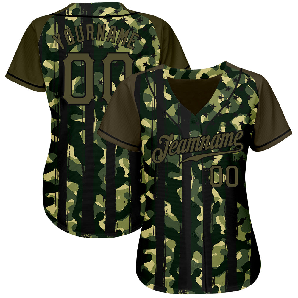 Custom Camo Olive-Black Distressed American Flag Patriotic Raglan Sleeves Authentic Baseball Jersey view 2