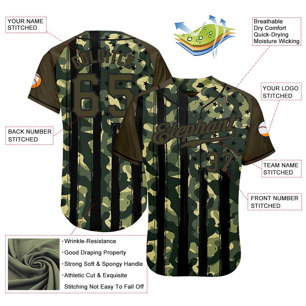 Custom Camo Olive-Black Distressed American Flag Patriotic Raglan Sleeves Authentic Baseball Jersey view 3