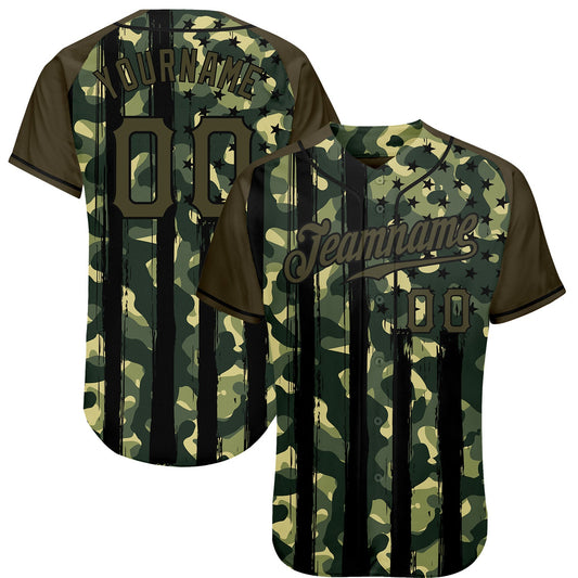 Custom Camo Olive-Black Distressed American Flag Patriotic Raglan Sleeves Authentic Baseball Jersey - Main View