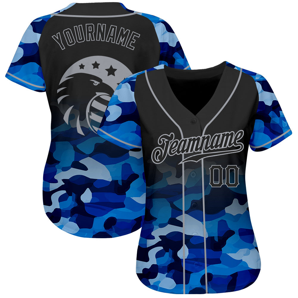 Custom Camo Black-Gray American Flag Patriotic Eagle Raglan Sleeves Authentic Baseball Jersey view 2