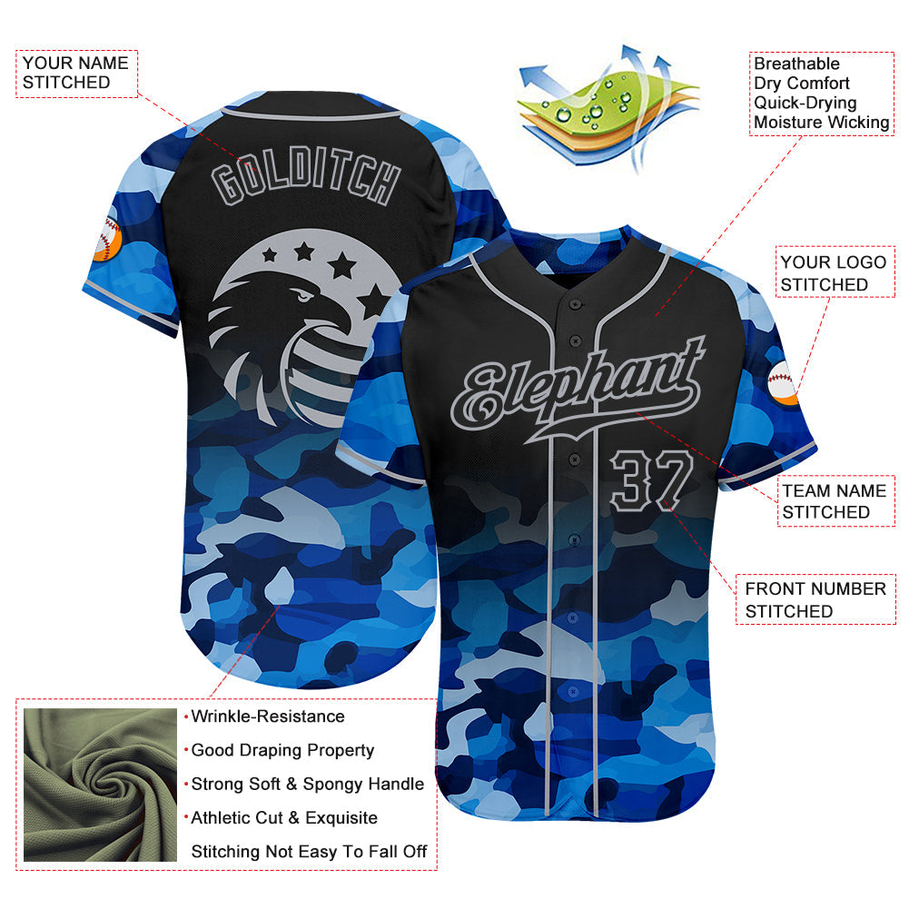 Custom Camo Black-Gray American Flag Patriotic Eagle Raglan Sleeves Authentic Baseball Jersey view 3