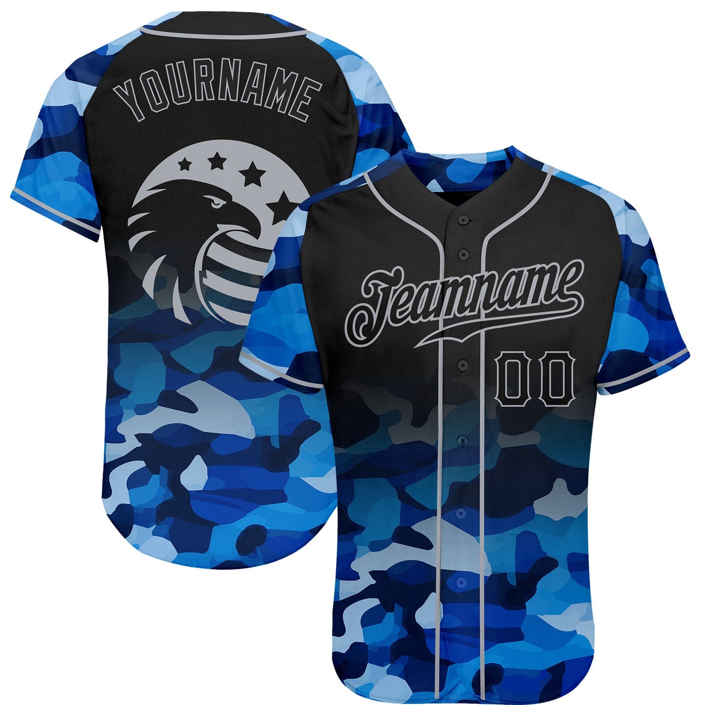 Custom Camo Black-Gray American Flag Patriotic Eagle Raglan Sleeves Authentic Baseball Jersey - Main View