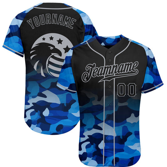 Custom Camo Black-Gray American Flag Patriotic Eagle Raglan Sleeves Authentic Baseball Jersey - Main View