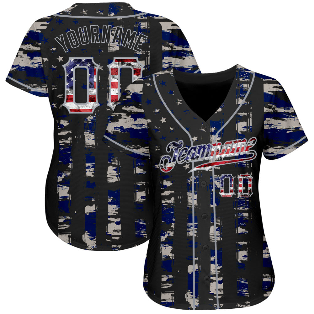Custom Black USA Flag-Gray Distressed Grunge Patriotic Raglan Sleeves Authentic Baseball Jersey view 2