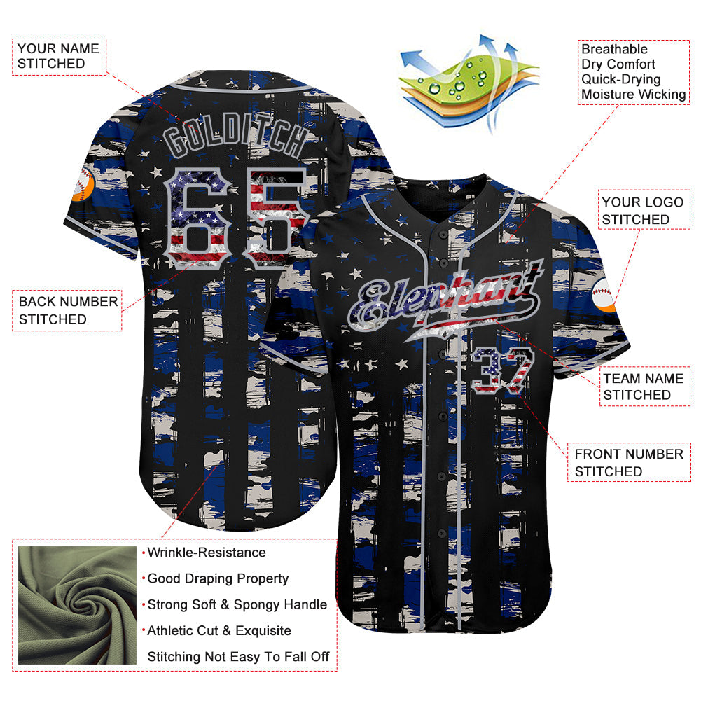 Custom Black USA Flag-Gray Distressed Grunge Patriotic Raglan Sleeves Authentic Baseball Jersey view 3