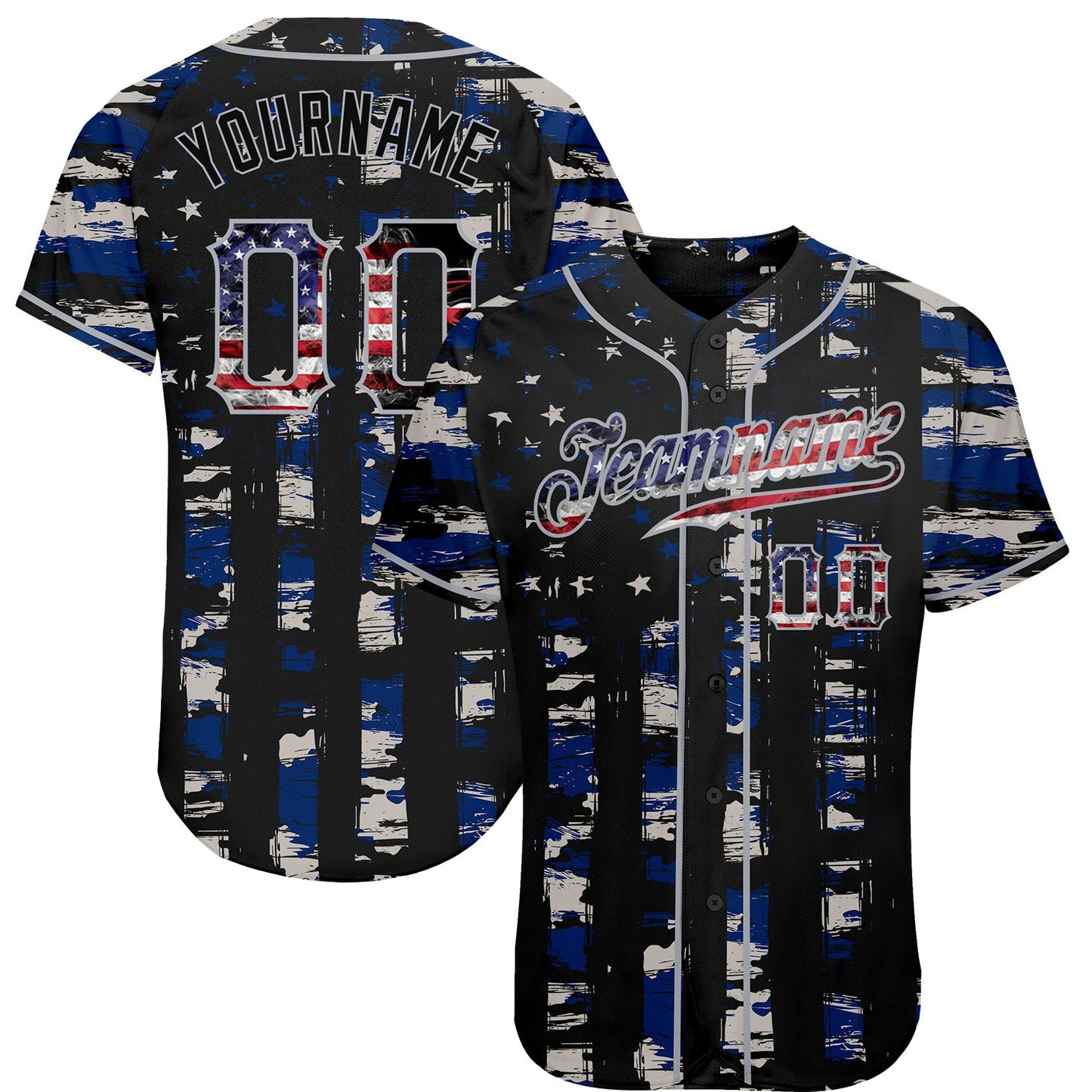 Custom Black USA Flag-Gray Distressed Grunge Patriotic Raglan Sleeves Authentic Baseball Jersey - Main View