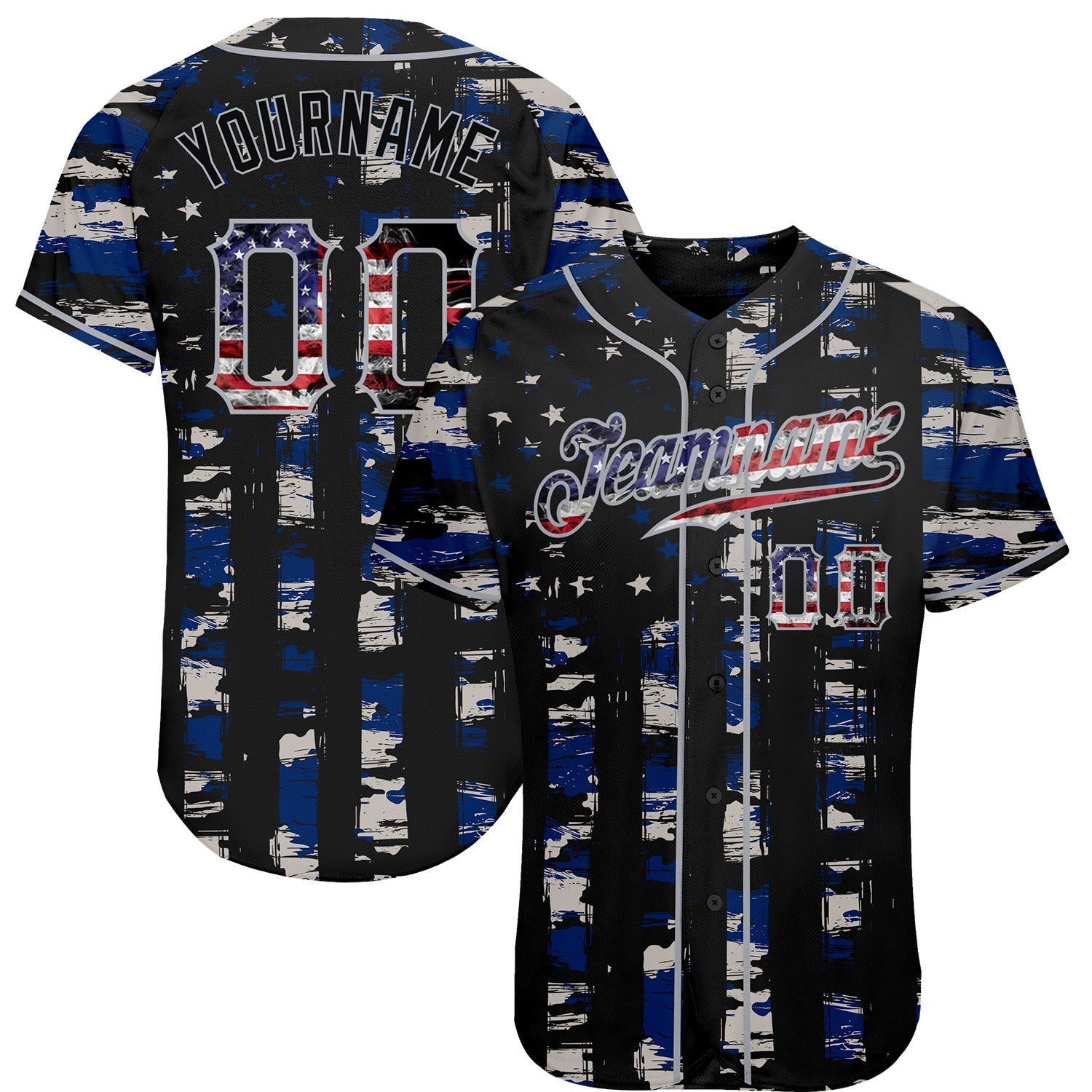 Custom Black USA Flag-Gray Distressed Grunge Patriotic Raglan Sleeves Authentic Baseball Jersey - Main View