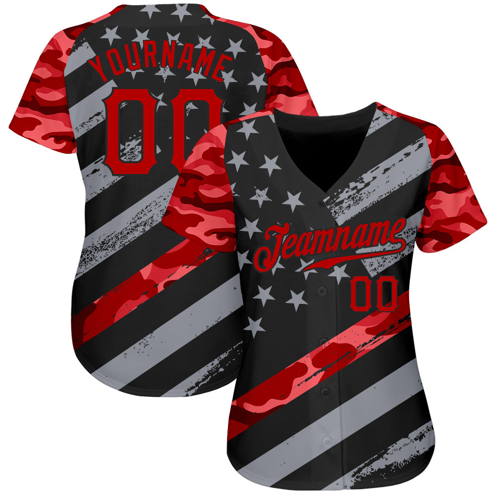 Custom Black Red American Flag Patriotic Camo Raglan Sleeves Authentic Baseball Jersey view 2