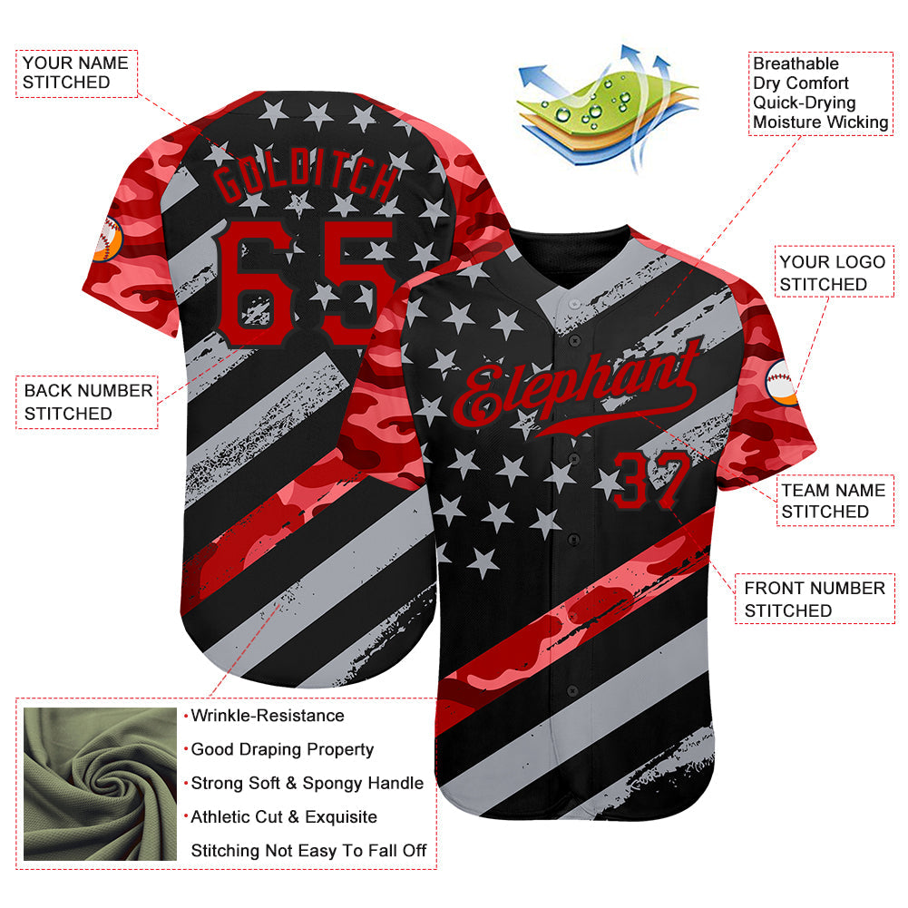 Custom Black Red American Flag Patriotic Camo Raglan Sleeves Authentic Baseball Jersey view 3