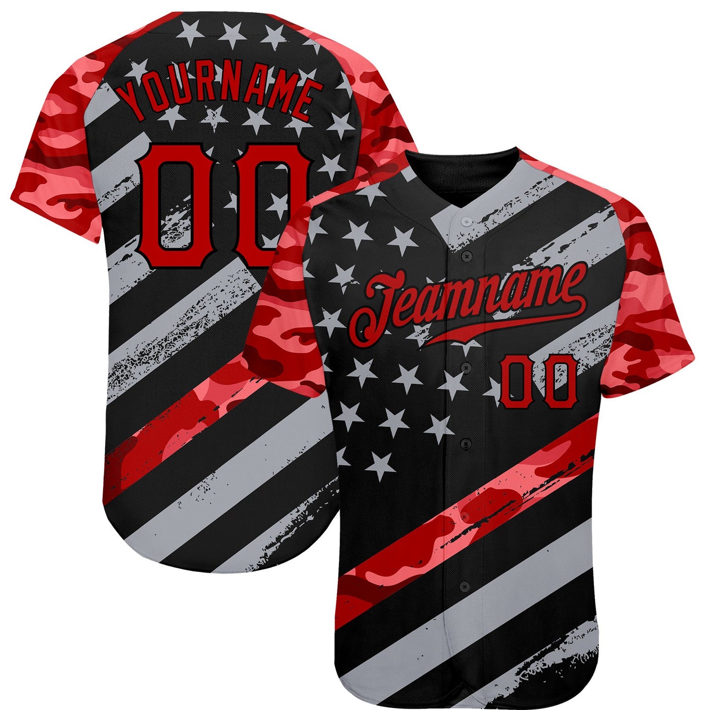 Custom Black Red American Flag Patriotic Camo Raglan Sleeves Authentic Baseball Jersey - Main View