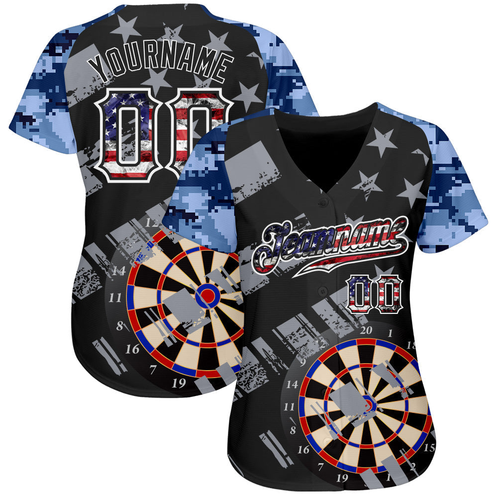 Custom Black USA Flag-White Darts Patriotic Mosaic Camo Raglan Sleeves Authentic Baseball Jersey view 2