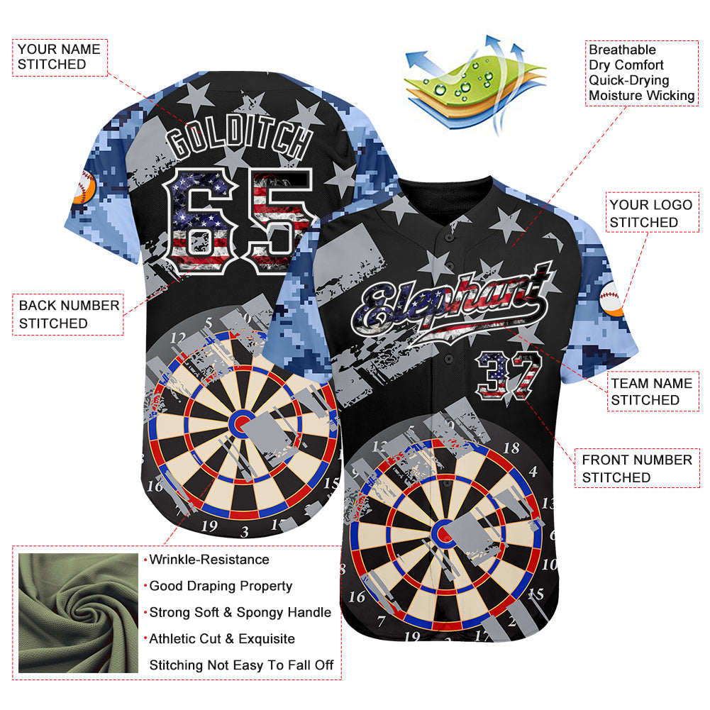 Custom Black USA Flag-White Darts Patriotic Mosaic Camo Raglan Sleeves Authentic Baseball Jersey view 3