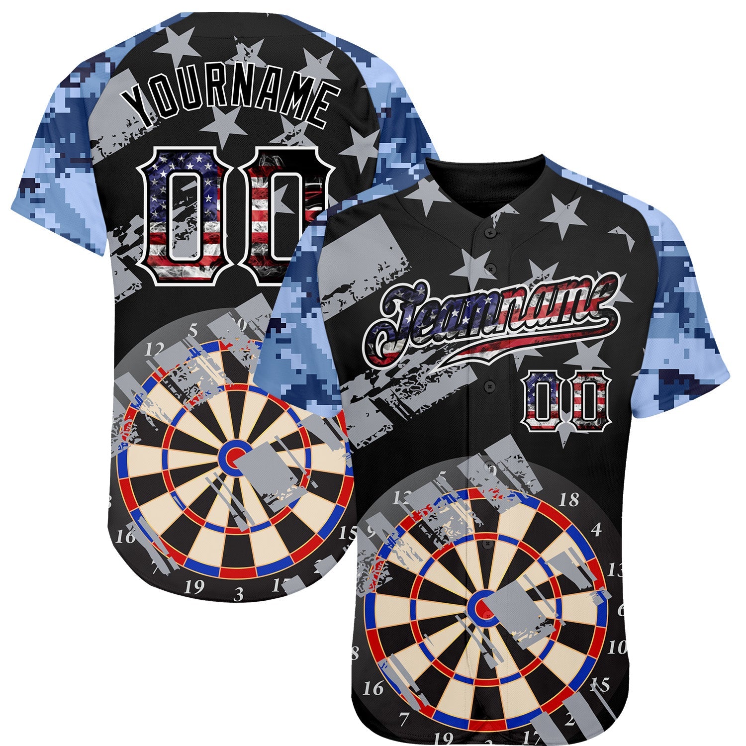 Custom Black USA Flag-White Darts Patriotic Mosaic Camo Raglan Sleeves Authentic Baseball Jersey - Main View