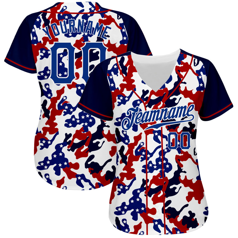 Custom White Royal Red-Navy Camo American Flag Patriotic Raglan Sleeves Authentic Baseball Jersey view 2