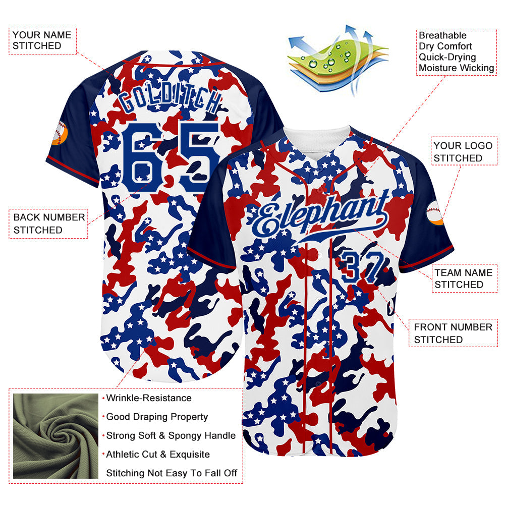 Custom White Royal Red-Navy Camo American Flag Patriotic Raglan Sleeves Authentic Baseball Jersey view 3