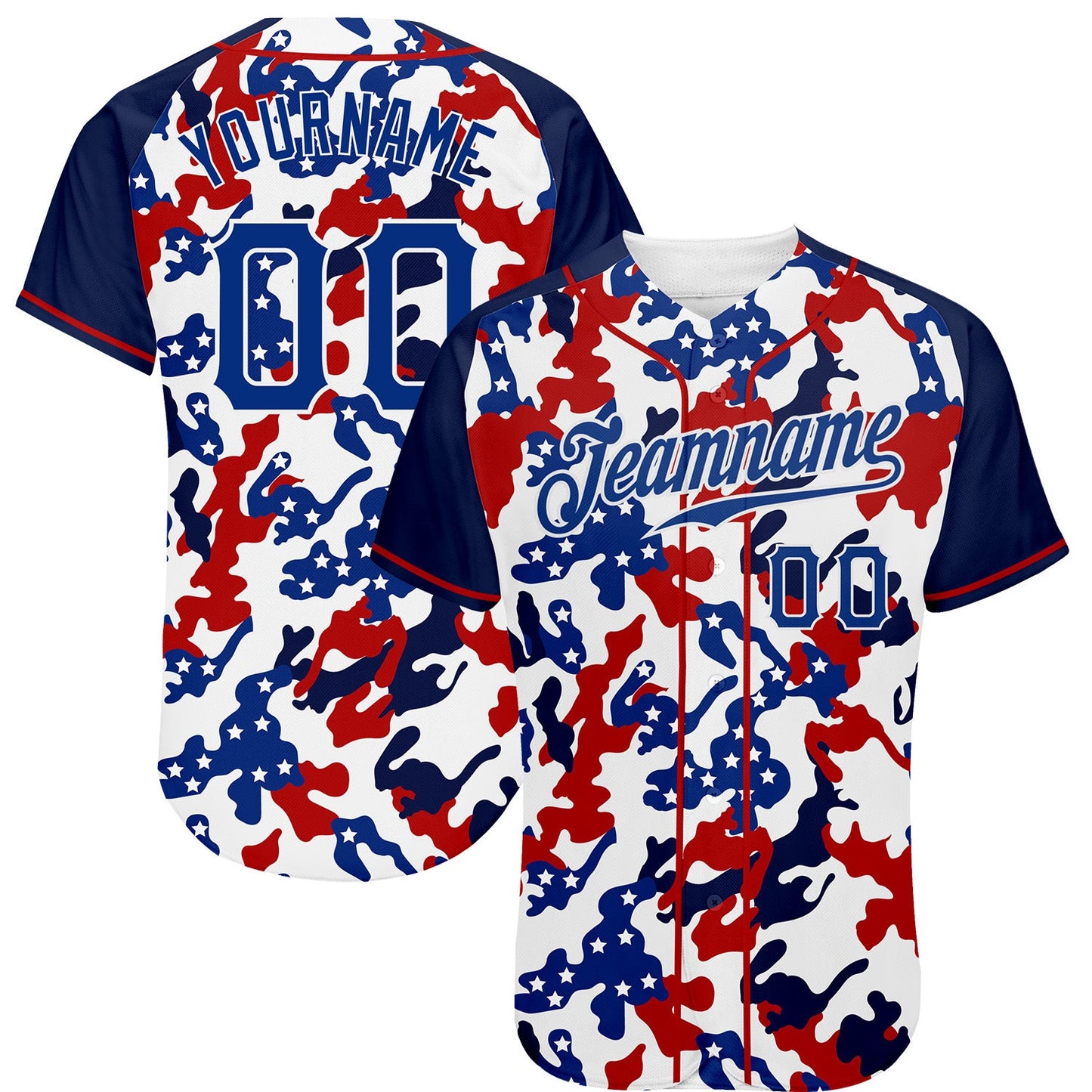 Custom White Royal Red-Navy Camo American Flag Patriotic Raglan Sleeves Authentic Baseball Jersey - Main View