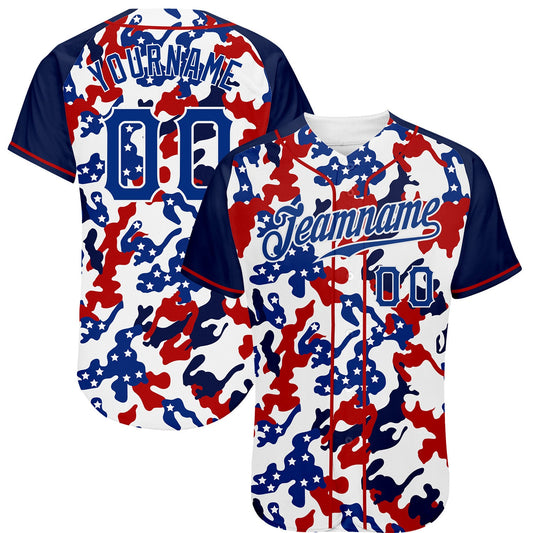 Custom White Royal Red-Navy Camo American Flag Patriotic Raglan Sleeves Authentic Baseball Jersey - Main View