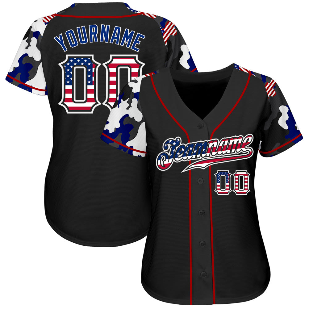 Custom Black USA Flag Red-White Patriotic Camo Raglan Sleeves Authentic Baseball Jersey view 2