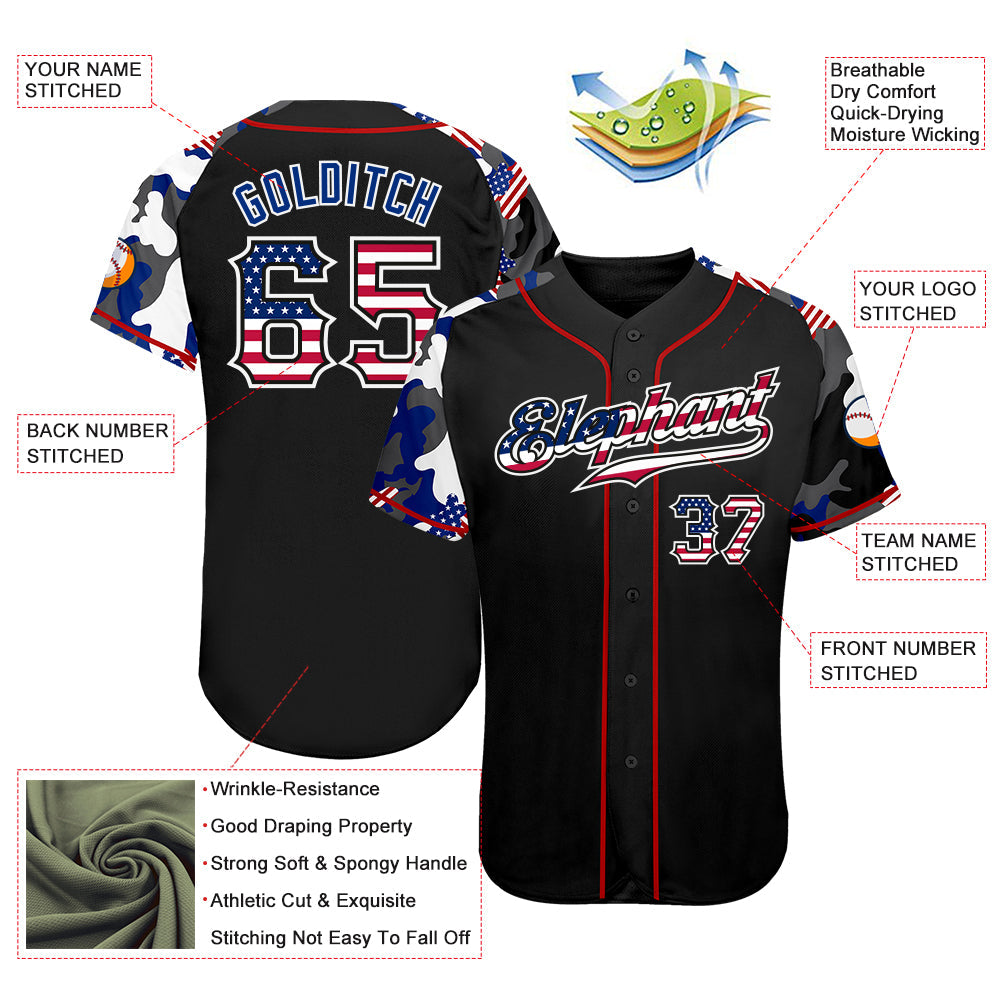Custom Black USA Flag Red-White Patriotic Camo Raglan Sleeves Authentic Baseball Jersey view 3