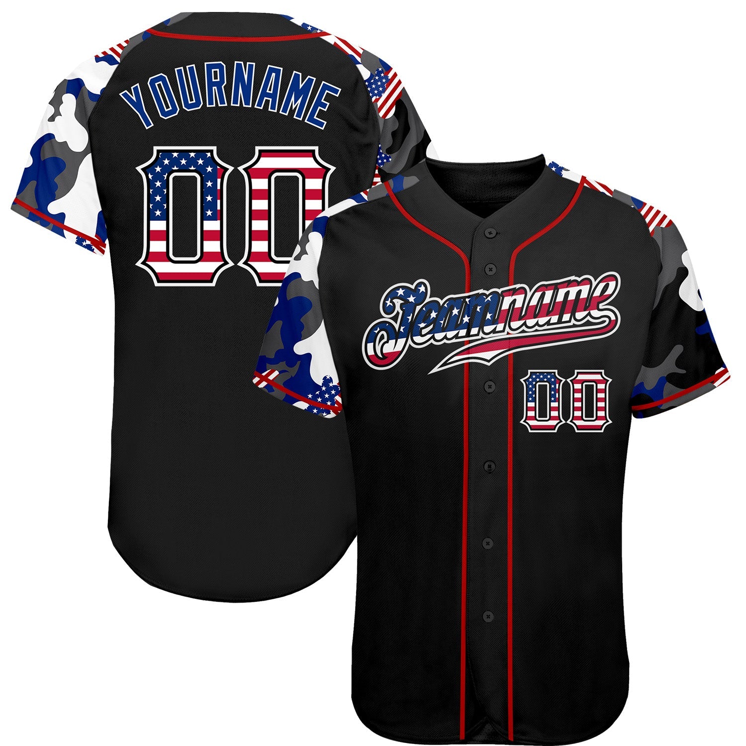 Custom Black USA Flag Red-White Patriotic Camo Raglan Sleeves Authentic Baseball Jersey - Main View