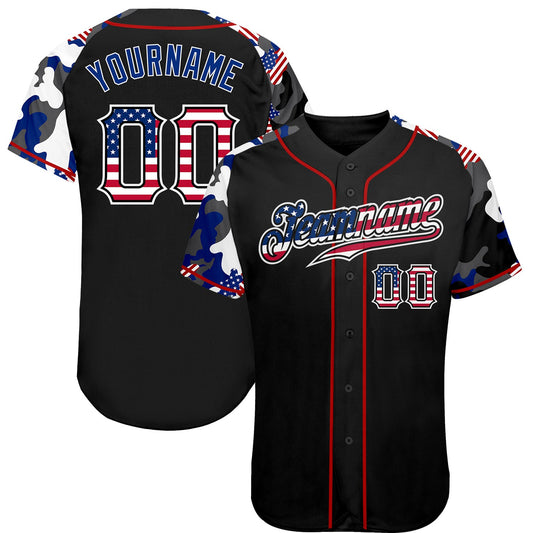 Custom Black USA Flag Red-White Patriotic Camo Raglan Sleeves Authentic Baseball Jersey - Main View