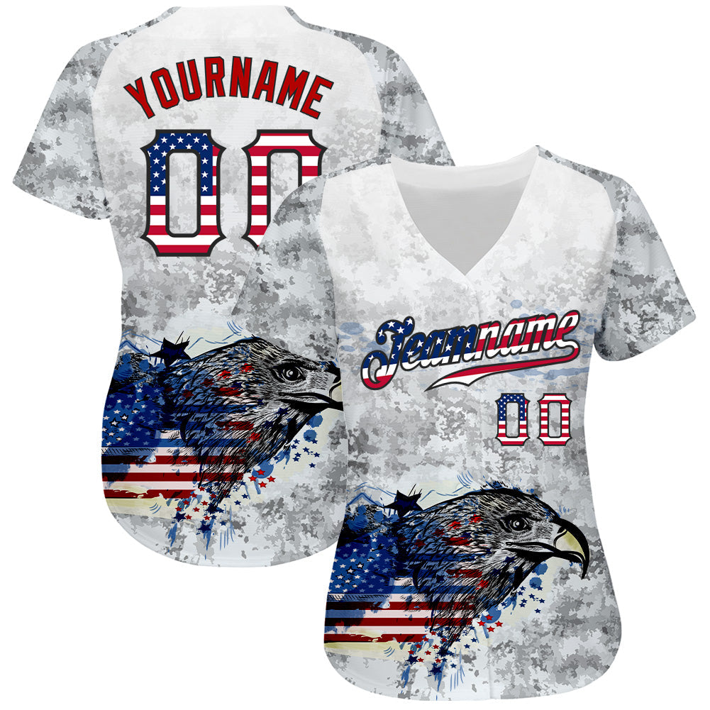 Custom White USA Flag Red-Black Bald Eagle Patriotic Grunge Camo Raglan Sleeves Authentic Baseball Jersey view 2