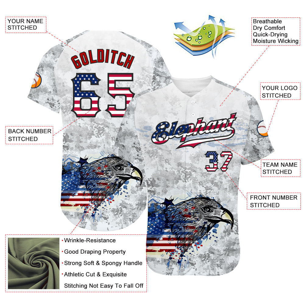 Custom White USA Flag Red-Black Bald Eagle Patriotic Grunge Camo Raglan Sleeves Authentic Baseball Jersey view 3