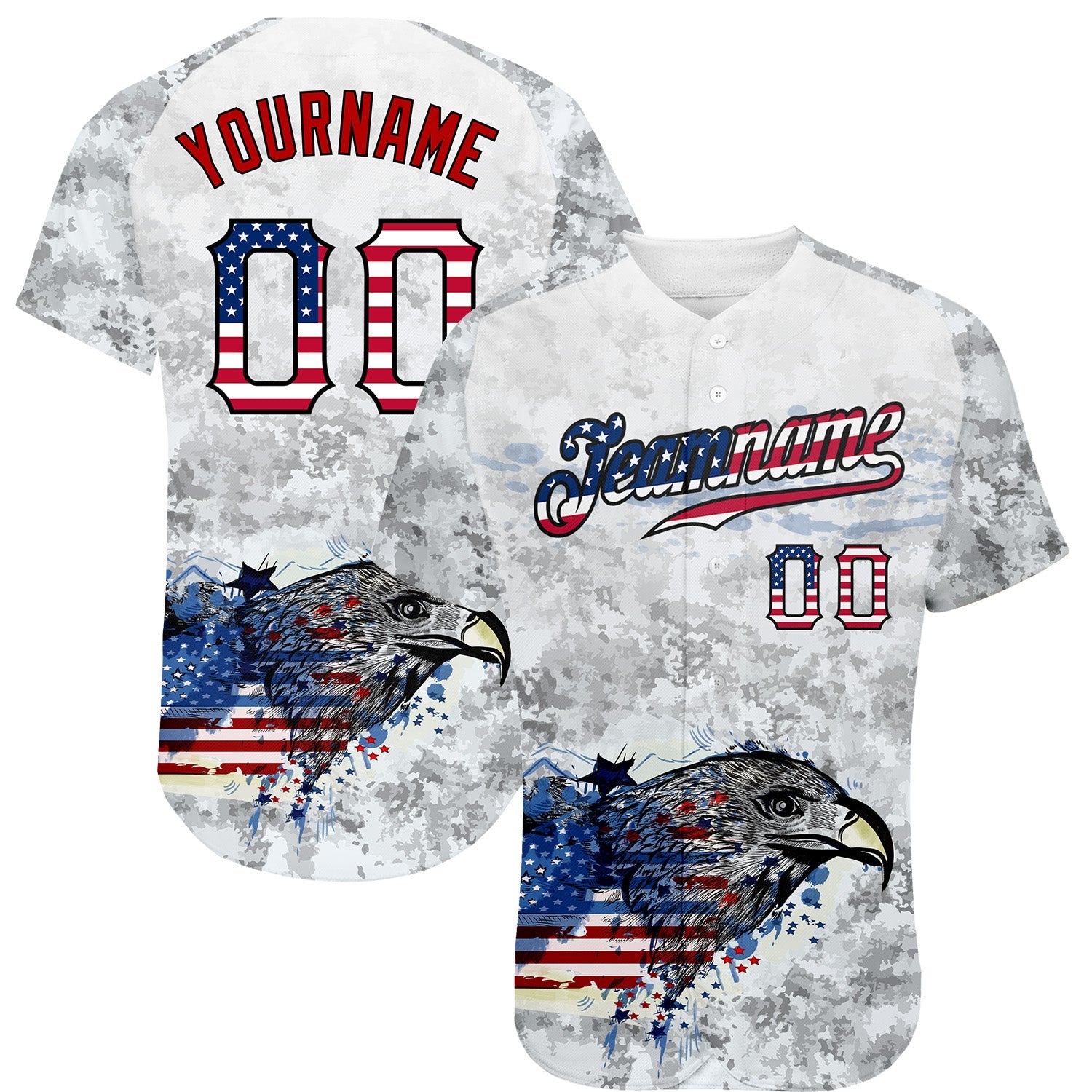 Custom White USA Flag Red-Black Bald Eagle Patriotic Grunge Camo Raglan Sleeves Authentic Baseball Jersey - Main View
