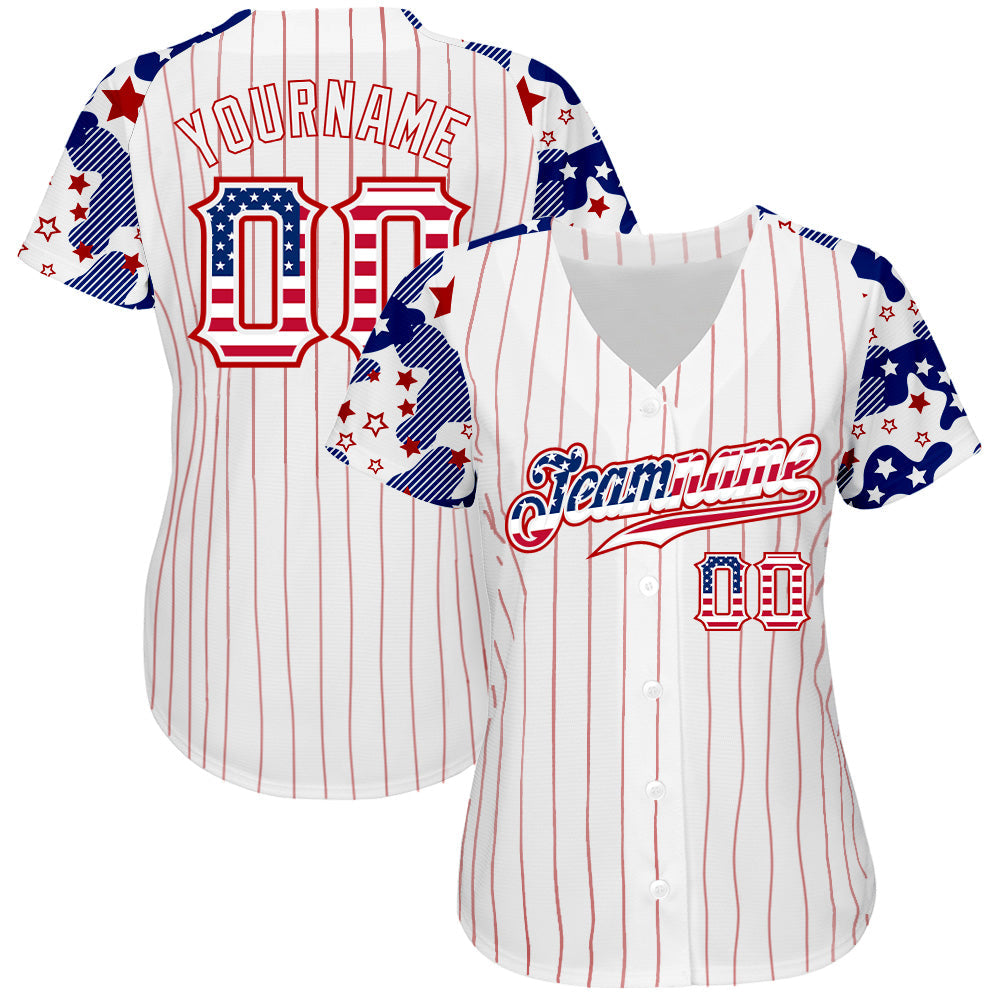 Custom White Red Pinstripe USA Flag-Blue Patriotic Stars & Stripes Raglan Sleeves Authentic Baseball Jersey view 2