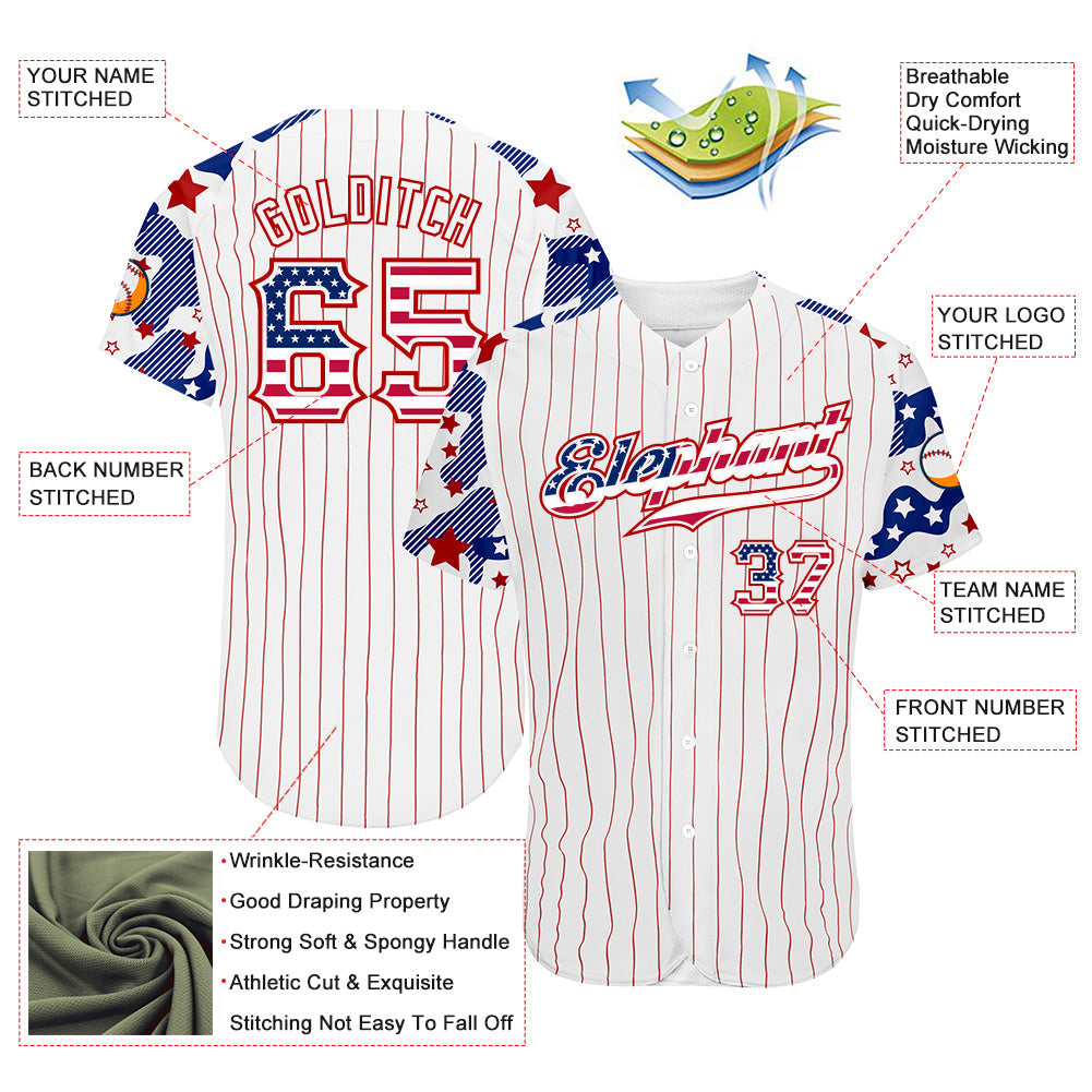 Custom White Red Pinstripe USA Flag-Blue Patriotic Stars & Stripes Raglan Sleeves Authentic Baseball Jersey view 3
