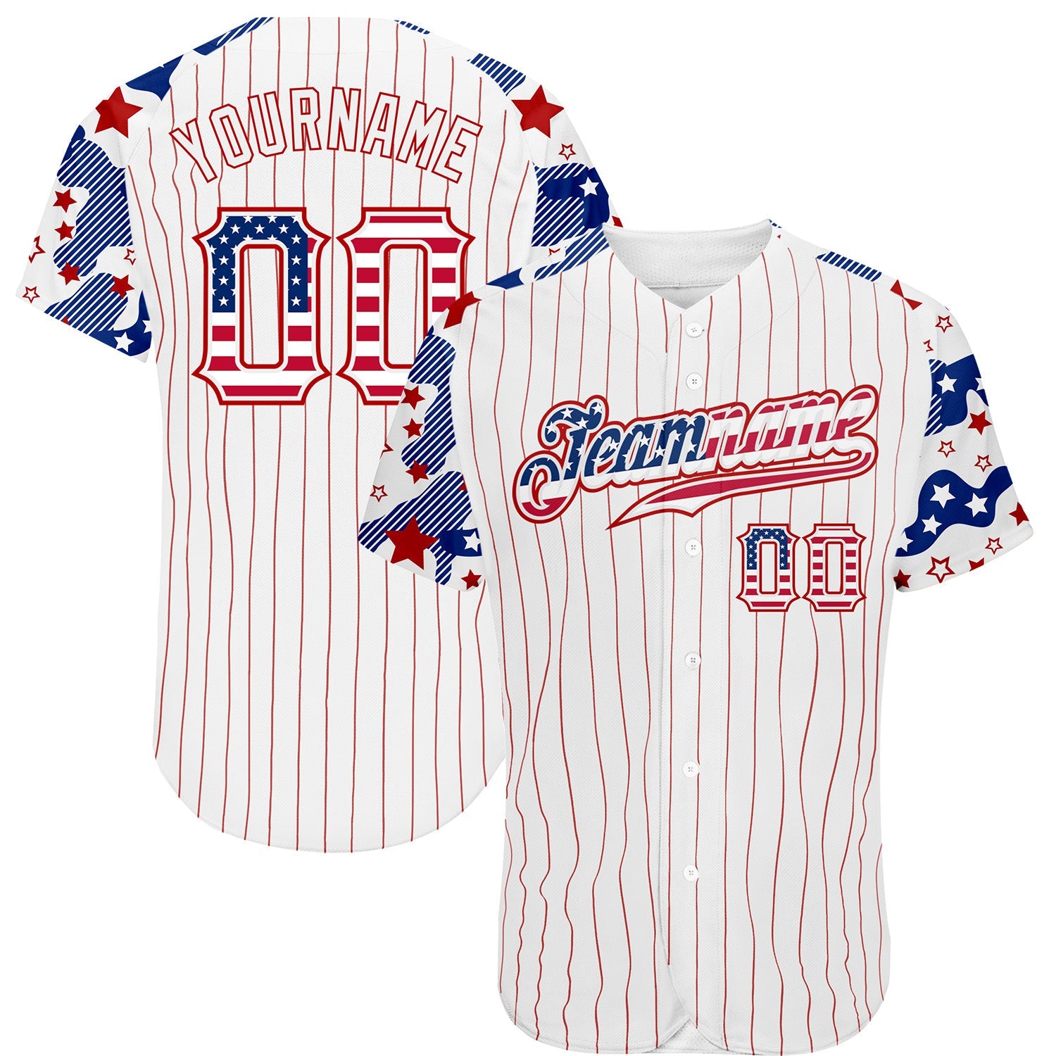 Custom White Red Pinstripe USA Flag-Blue Patriotic Stars & Stripes Raglan Sleeves Authentic Baseball Jersey - Main View