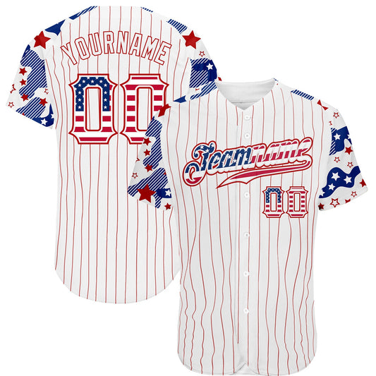 Custom White Red Pinstripe USA Flag-Blue Patriotic Stars & Stripes Raglan Sleeves Authentic Baseball Jersey - Main View