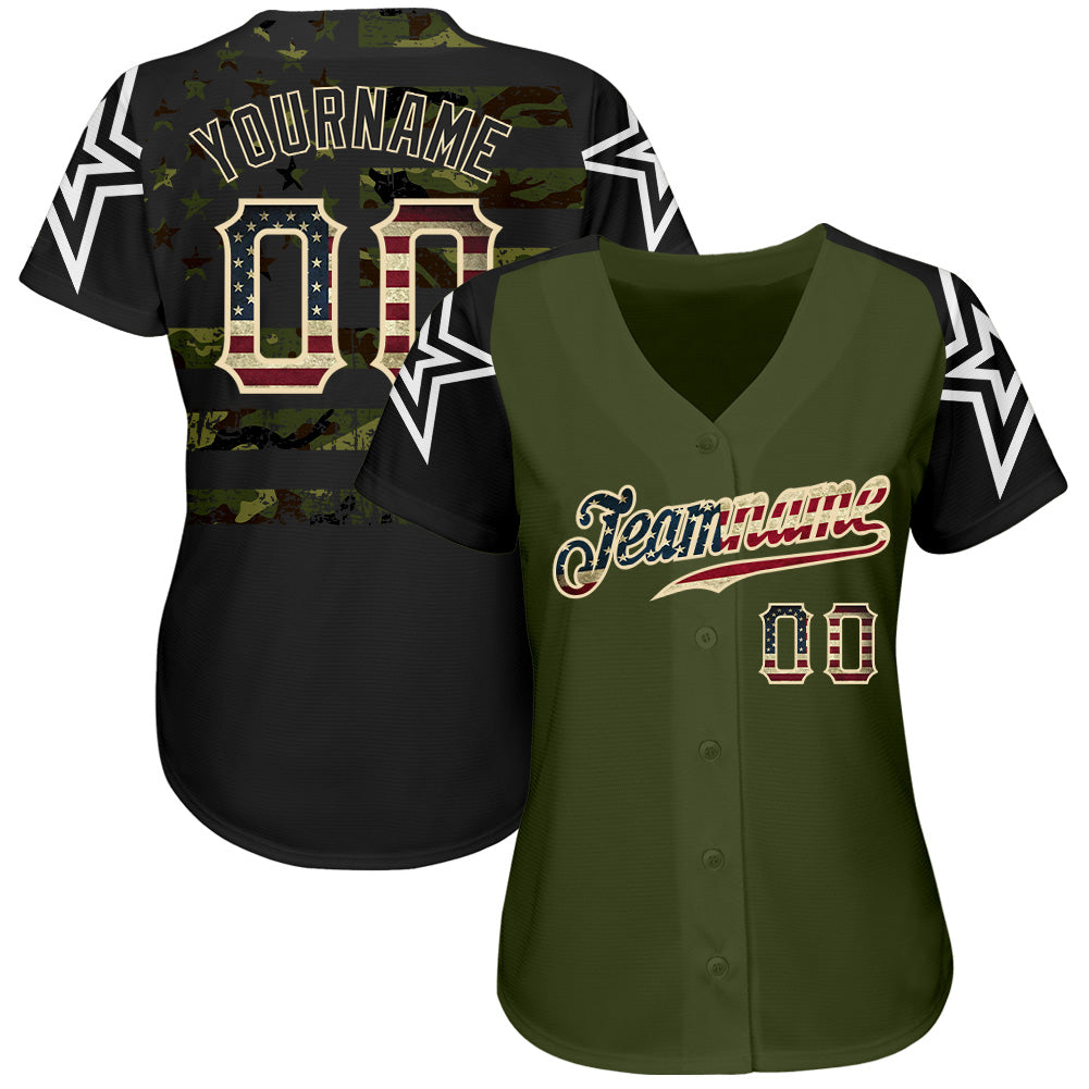 Custom Olive Vintage USA Flag Black Camo-Cream Patriotic Stars Raglan Sleeves Authentic Baseball Jersey view 2
