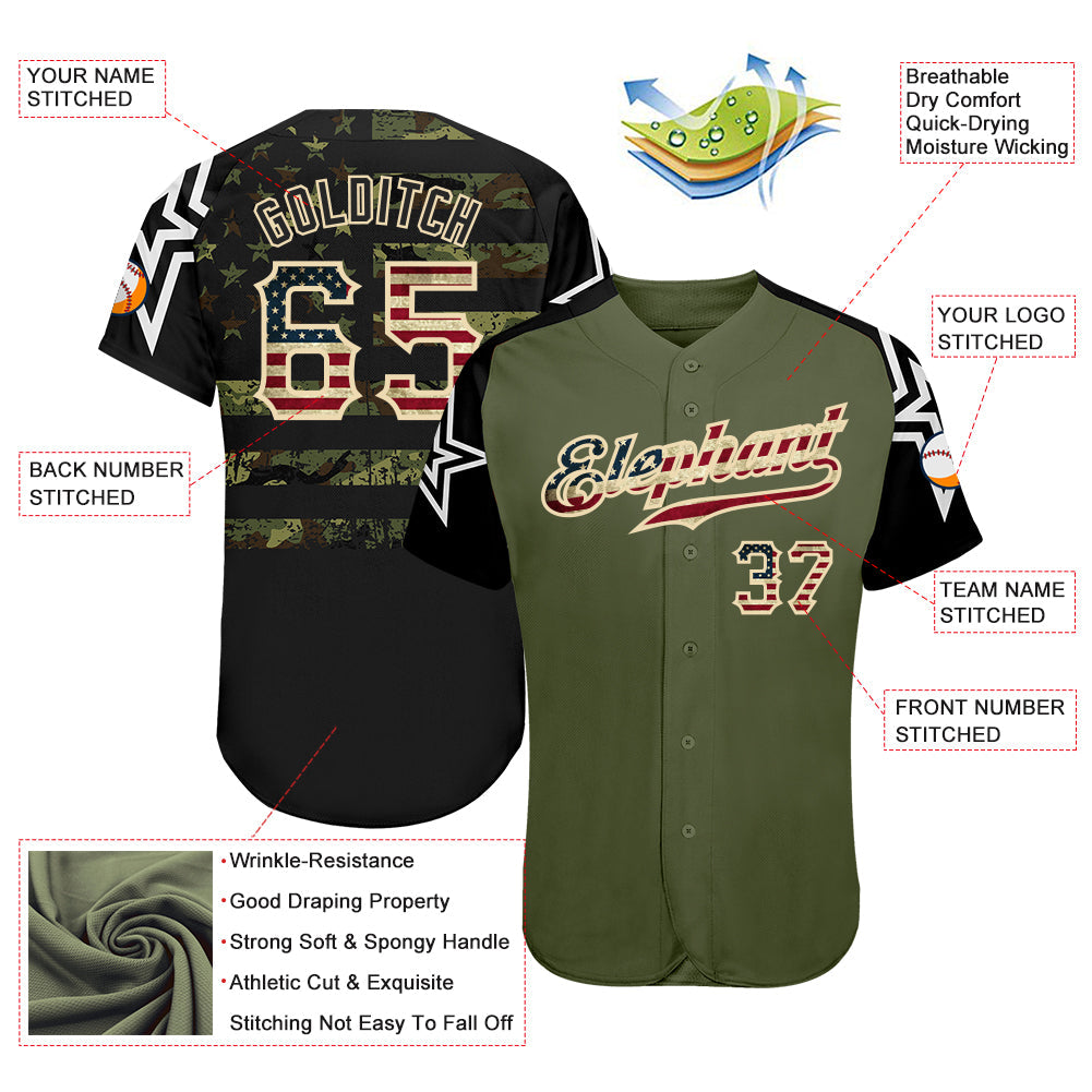 Custom Olive Vintage USA Flag Black Camo-Cream Patriotic Stars Raglan Sleeves Authentic Baseball Jersey view 3