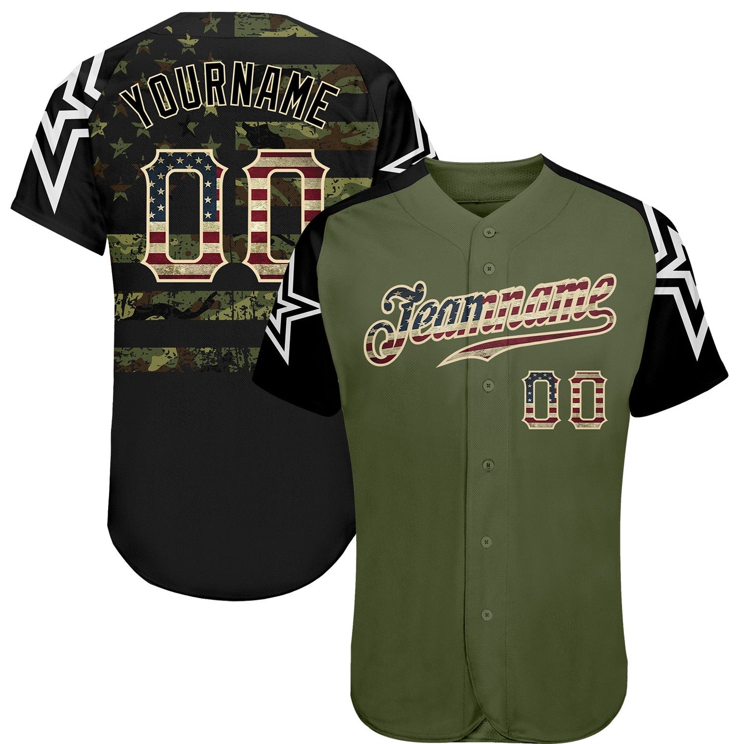 Custom Olive Vintage USA Flag Black Camo-Cream Patriotic Stars Raglan Sleeves Authentic Baseball Jersey - Main View