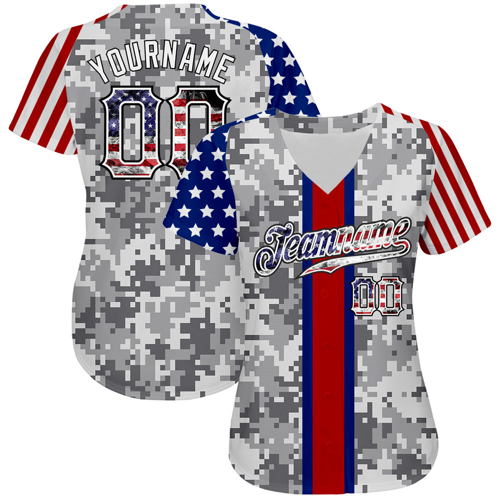 Custom Camo USA Flag Red Blue Black-White Patriotic Pixel Camouflage Stars & Stripes Raglan Sleeves Authentic Baseball Jersey view 2