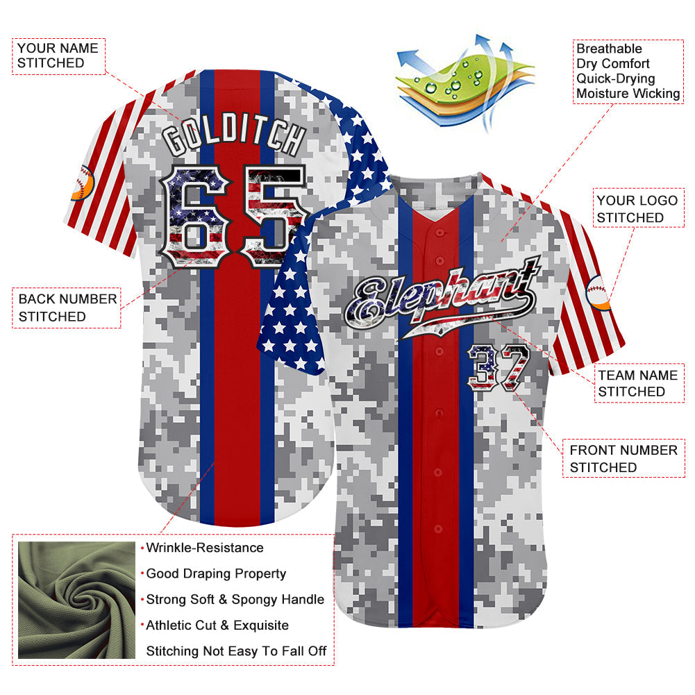 Custom Camo USA Flag Red Blue Black-White Patriotic Pixel Camouflage Stars & Stripes Raglan Sleeves Authentic Baseball Jersey view 3