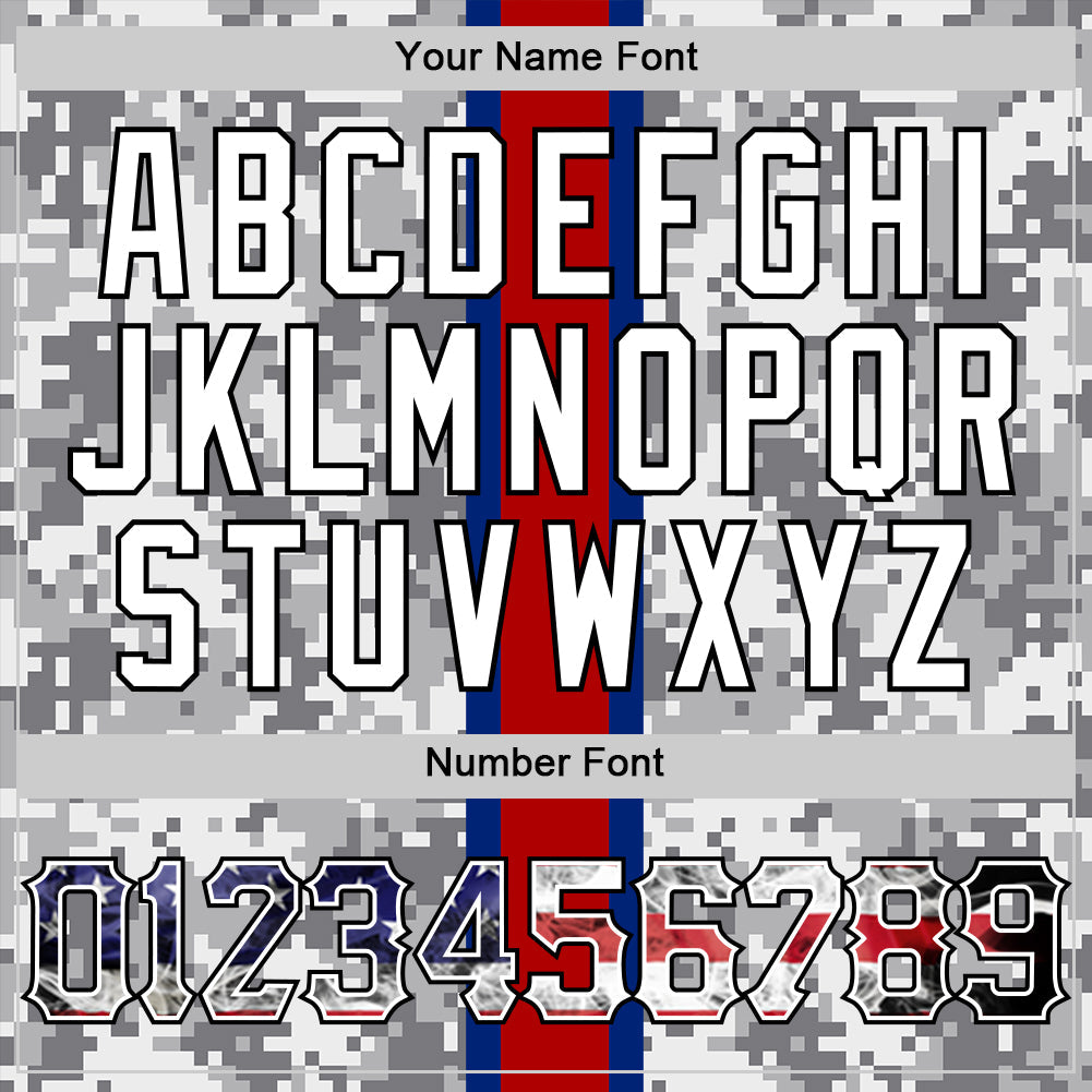 Custom Camo USA Flag Red Blue Black-White Patriotic Pixel Camouflage Stars & Stripes Raglan Sleeves Authentic Baseball Jersey view 5