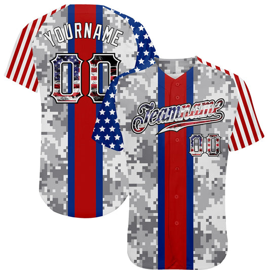 Custom Camo USA Flag Red Blue Black-White Patriotic Pixel Camouflage Stars & Stripes Raglan Sleeves Authentic Baseball Jersey - Main View