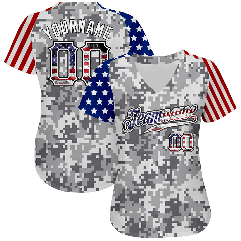 Custom Camo USA Flag Red Blue Black-White Patriotic Pixel Camouflage Stars & Stripes Raglan Sleeves Authentic Baseball Jersey view 2