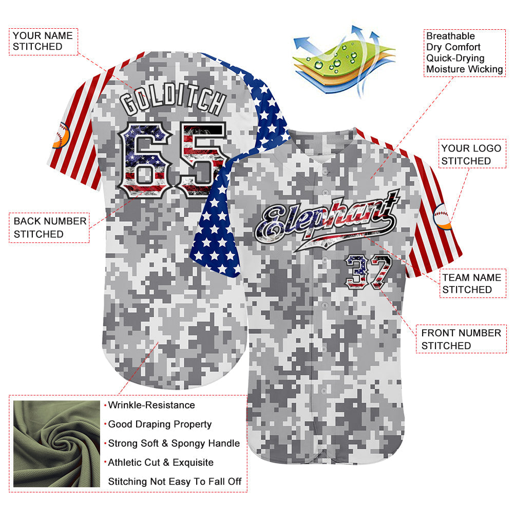 Custom Camo USA Flag Red Blue Black-White Patriotic Pixel Camouflage Stars & Stripes Raglan Sleeves Authentic Baseball Jersey view 3
