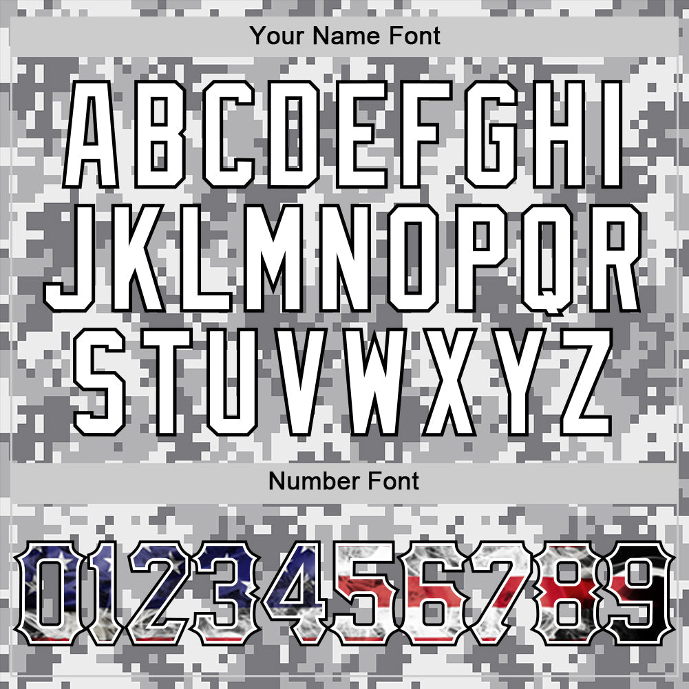 Custom Camo USA Flag Red Blue Black-White Patriotic Pixel Camouflage Stars & Stripes Raglan Sleeves Authentic Baseball Jersey view 5