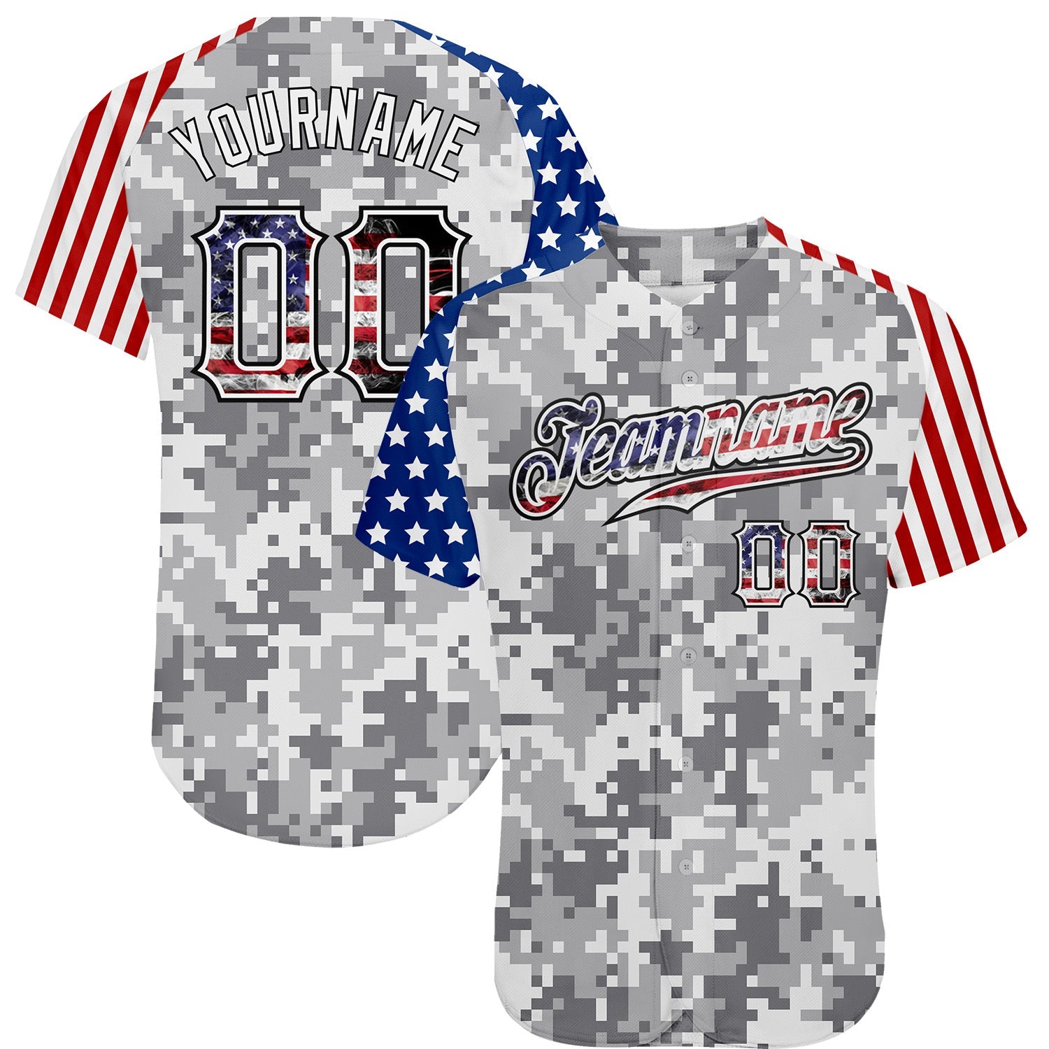 Custom Camo USA Flag Red Blue Black-White Patriotic Pixel Camouflage Stars & Stripes Raglan Sleeves Authentic Baseball Jersey - Main View