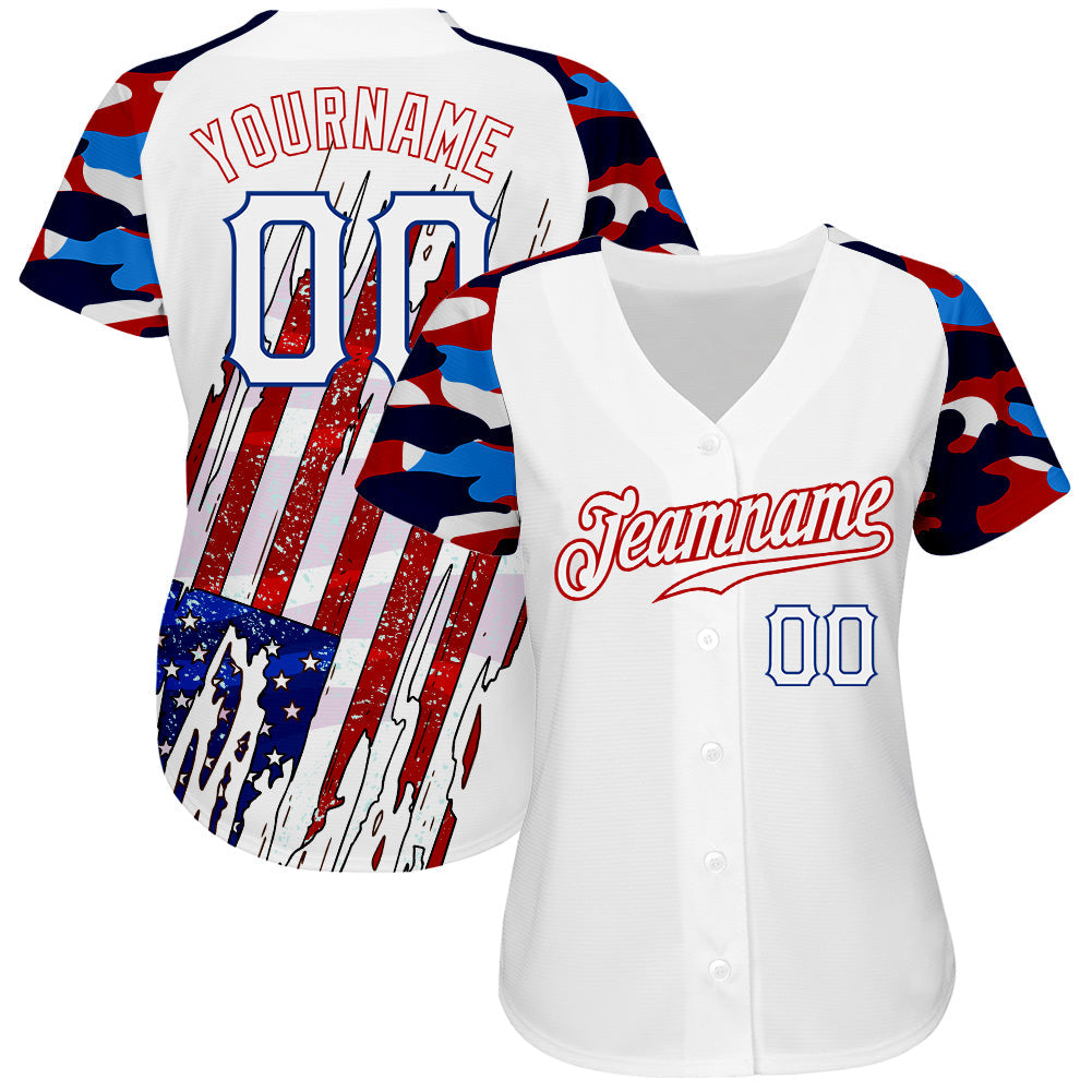 Custom White Red-Royal Patriotic American Flag Camo Raglan Sleeves Authentic Baseball Jersey view 2