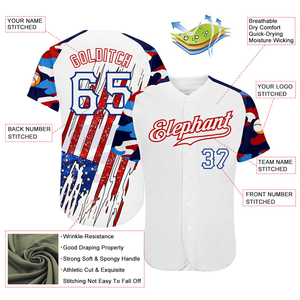 Custom White Red-Royal Patriotic American Flag Camo Raglan Sleeves Authentic Baseball Jersey view 3