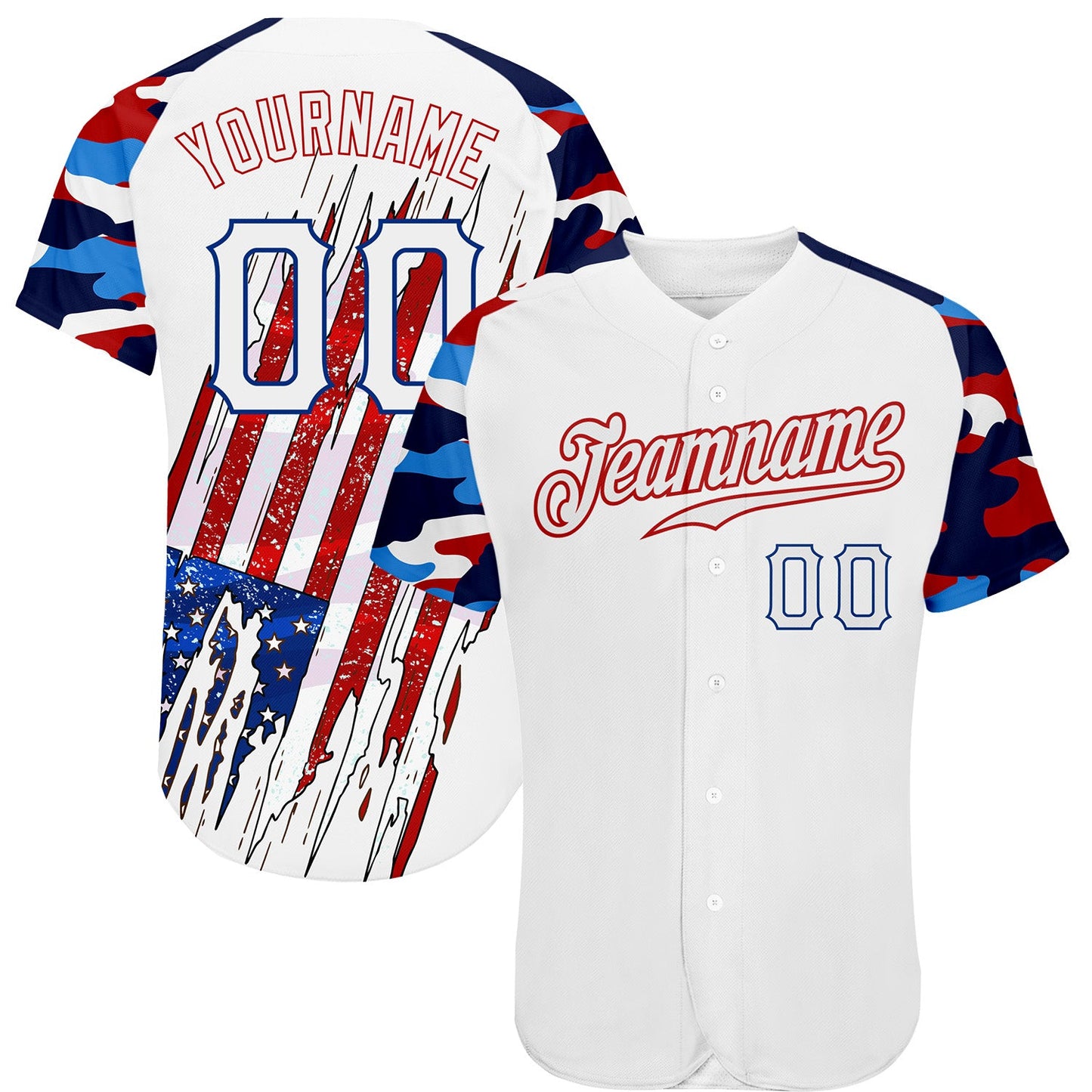 Custom White Red-Royal Patriotic American Flag Camo Raglan Sleeves Authentic Baseball Jersey - Main View