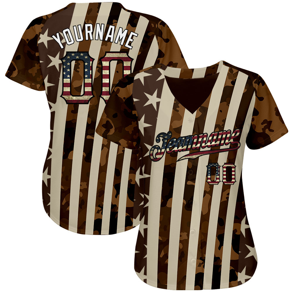 Custom Camo Vintage USA Flag Cream Black-White Patriotic Desert Camouflage Raglan Sleeves Authentic Baseball Jersey view 2