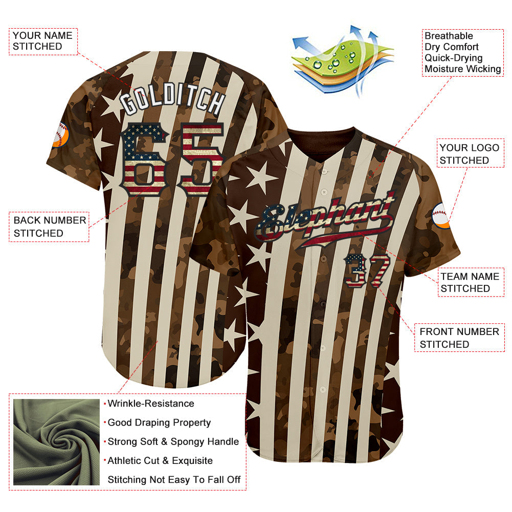 Custom Camo Vintage USA Flag Cream Black-White Patriotic Desert Camouflage Raglan Sleeves Authentic Baseball Jersey view 3
