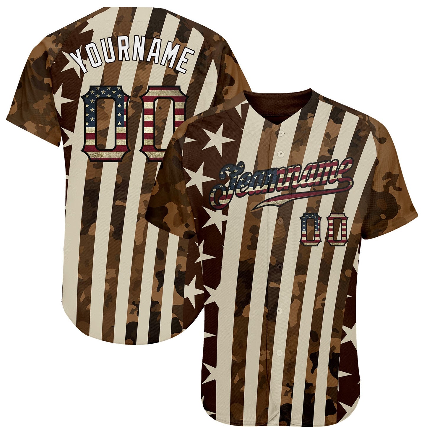 Custom Camo Vintage USA Flag Cream Black-White Patriotic Desert Camouflage Raglan Sleeves Authentic Baseball Jersey - Main View
